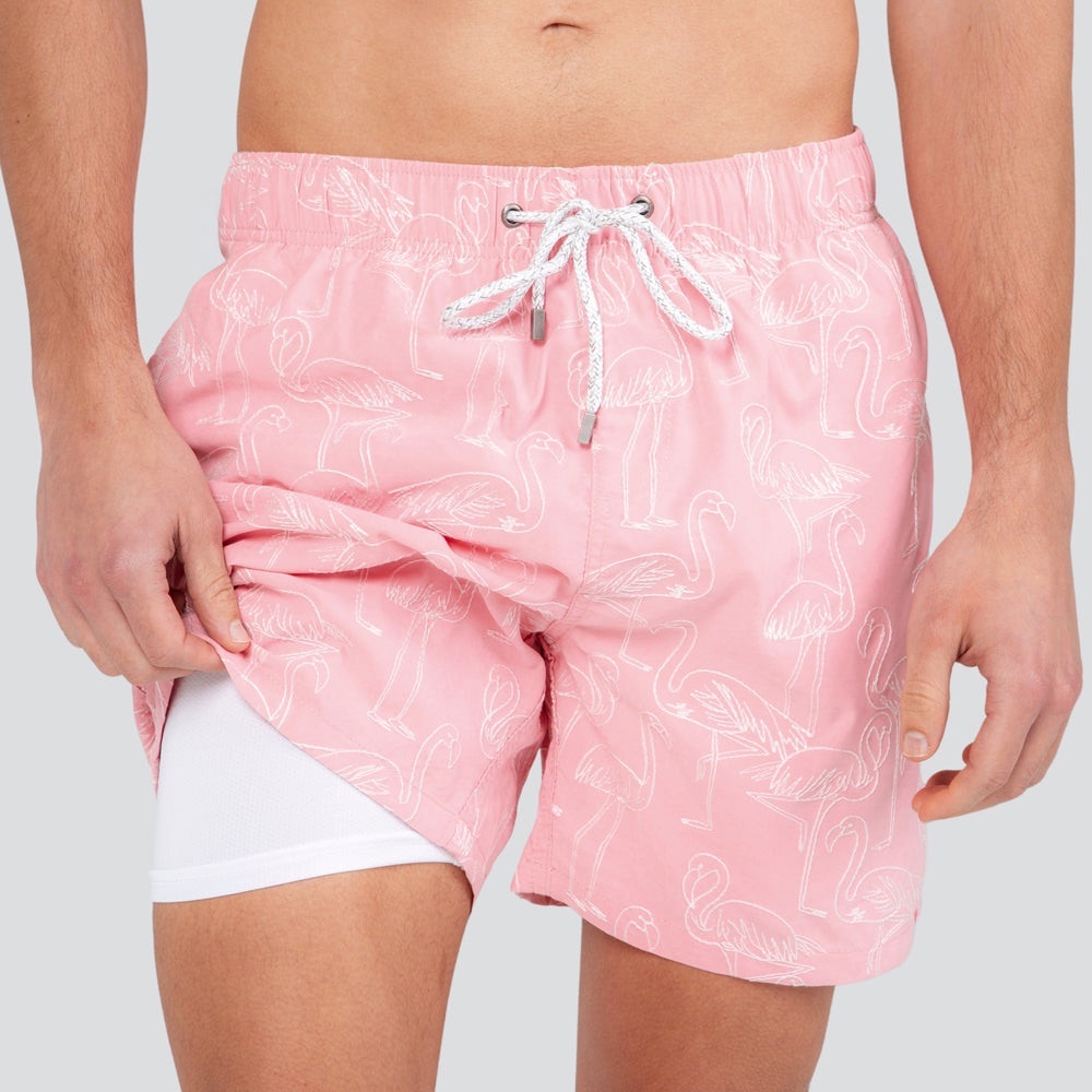 The Endless Summer Embroidered Pink Flamingo Swim Trunks